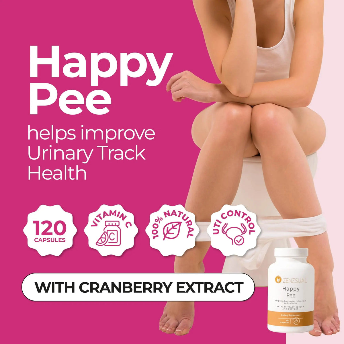 ZENZSUAL Happy Pee, 120 Capsules – Urinary Tract Support & Bladder Health Supplement with Cranberry, D-Mannose, Vitamin C and Oregano for Women and Men – Healthy Flow, Comfort & Fluid Balance ZENZSUALBuy Supplements Australia