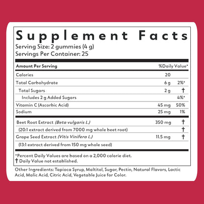Natrava Beets+ Gummies - Premium Beet Root Powder, Grape Seed Extract and Vitamin C - Supports Healthy Blood Pressure and Heart Health - Low Sugar Nitric Oxide and Circulation Supplement - 50 Gummies
