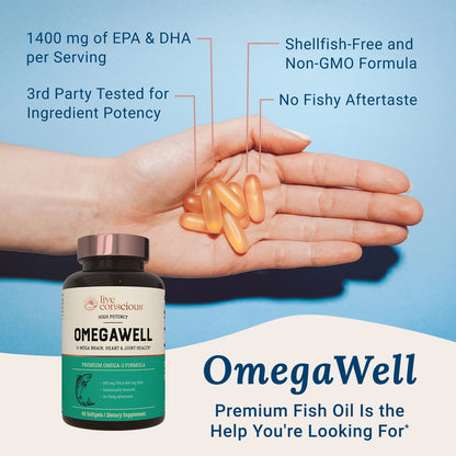 Live Conscious OmegaWell Omega 3 Fish Oil - 2000mg Capsules: Heart, Brain, & Joint Support - 800 mg EPA 600 mg DHA - Sustainably Sourced - Softgels - 30 Day Supply Live ConsciousBuy Supplements Australia