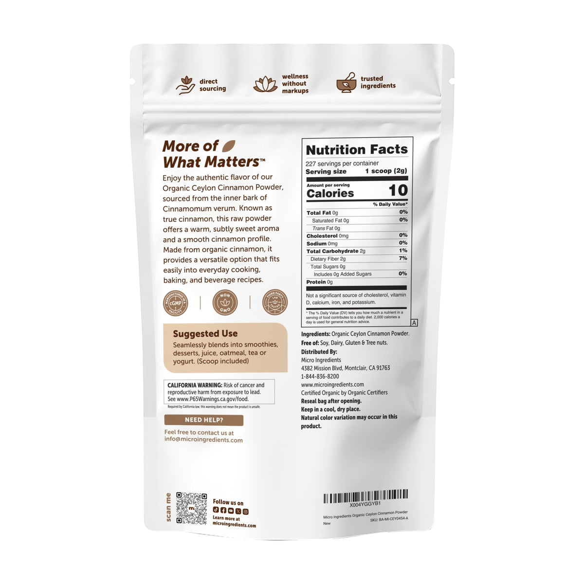 Micro Ingredients Organic Ceylon Cinnamon Powder, 8 oz | Sri Lanka Source | True Cinnamon for Spice & Seasoning | Great for Baking, Cooking, & Drinks | Additive Free, Non-GMO
