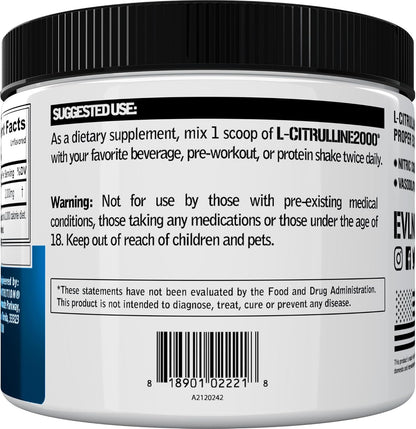 L-Citrulline2000 Nitric Oxide Pre Workout Powder - Evlution Nutrition High Strength L Citrulline Powder for Enhanced Muscle Strength and Intense Pumps - Plant Based Nitric Oxide Booster - Unflavored