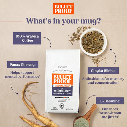 Bulletproof The High Achiever Ground Mushroom Coffee, 10oz, High Caffeine with Lion's Mane, B Vitamins and Adaptogens for Energy & Focus, Medium-Dark Roast and The Enlightener Ground Coffee, 10 Ounce