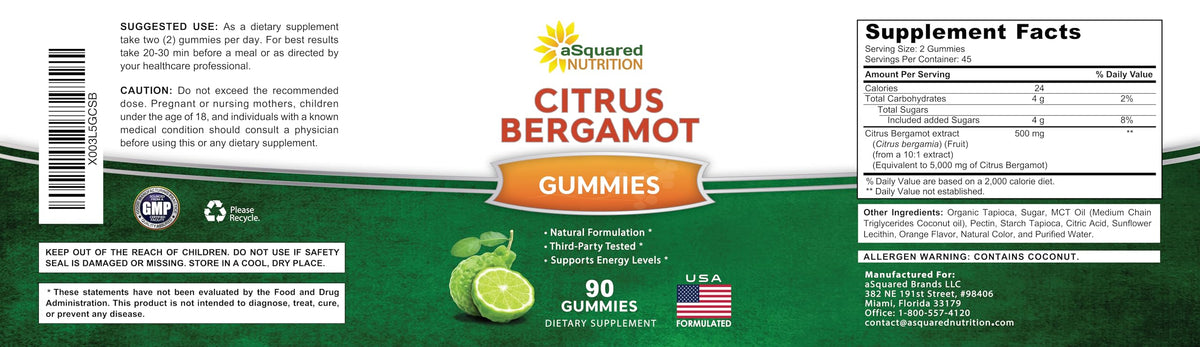 aSquared Nutrition Citrus Bergamot Gummies - Citrus Bergamot Extract Supplement 500mg Per Serving - Pure Gummy Alternative to Capsules & Pills