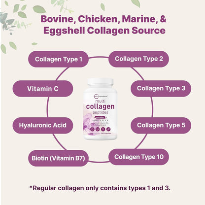 Micro Ingredients Multi Collagen Peptides Pills, 240 Capsules | For Women & Men. Type I, II, III, V, X. Hydrolyzed Collagen Supplement with Biotin, Hyaluronic Acid & Vitamin C. Filler Free.