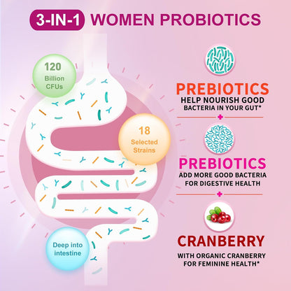 OMOGS Women's Probiotic, with Cranberry Extract, Organic Prebiotics & Vitamin C, 120 Billion CFUs,18 Strains, Help for Boost Immune, Digestive, Gut Health & Women's Health,120 Tablets