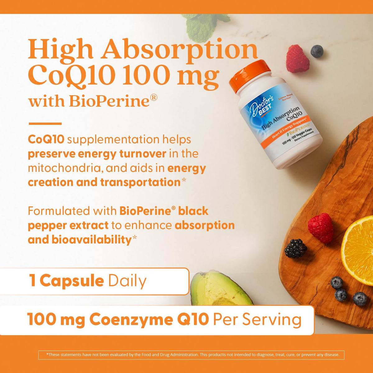 Doctor's Best High Absorption CoQ10 with BioPerine Supplement - Coenzyme Q10 Caps for Heart Health & Antioxidant Support, CoQ10 100mg for Women & Men, Non GMO, Naturally Fermented - 120 Veg Capsules