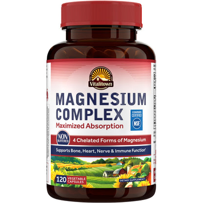 Vitalitown Magnesium Complex Supplement 500mg - NSF Certified Magnesium Glycinate, Malate, Taurate & Citrate - Chelated High Absorption & Gentle on Stomach - Vegan Non-GMO 120 Capsules VITALITOWNBuy Supplements Australia