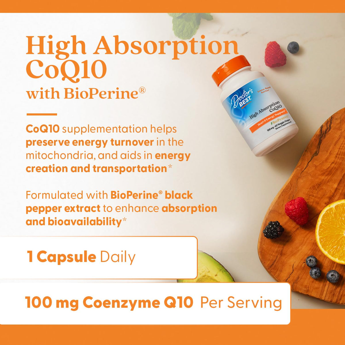 Doctor's Best High Absorption CoQ10 with BioPerine Supplement - Coenzyme Q10 Caps for Heart Health & Antioxidant Support, CoQ10 100mg for Women & Men, Non GMO, Naturally Fermented - 120 Veg Capsules