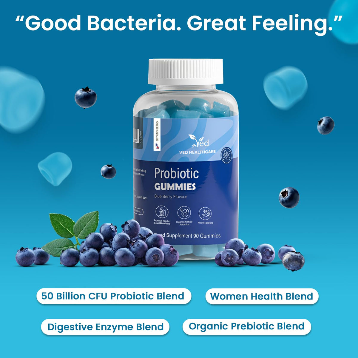 Vegan Probiotic Gummies with Prebiotics, Blueberry Flavour, 2 Gummies Daily (90 Count), 45 Days Supply, Non-GMO, Gluten Free,