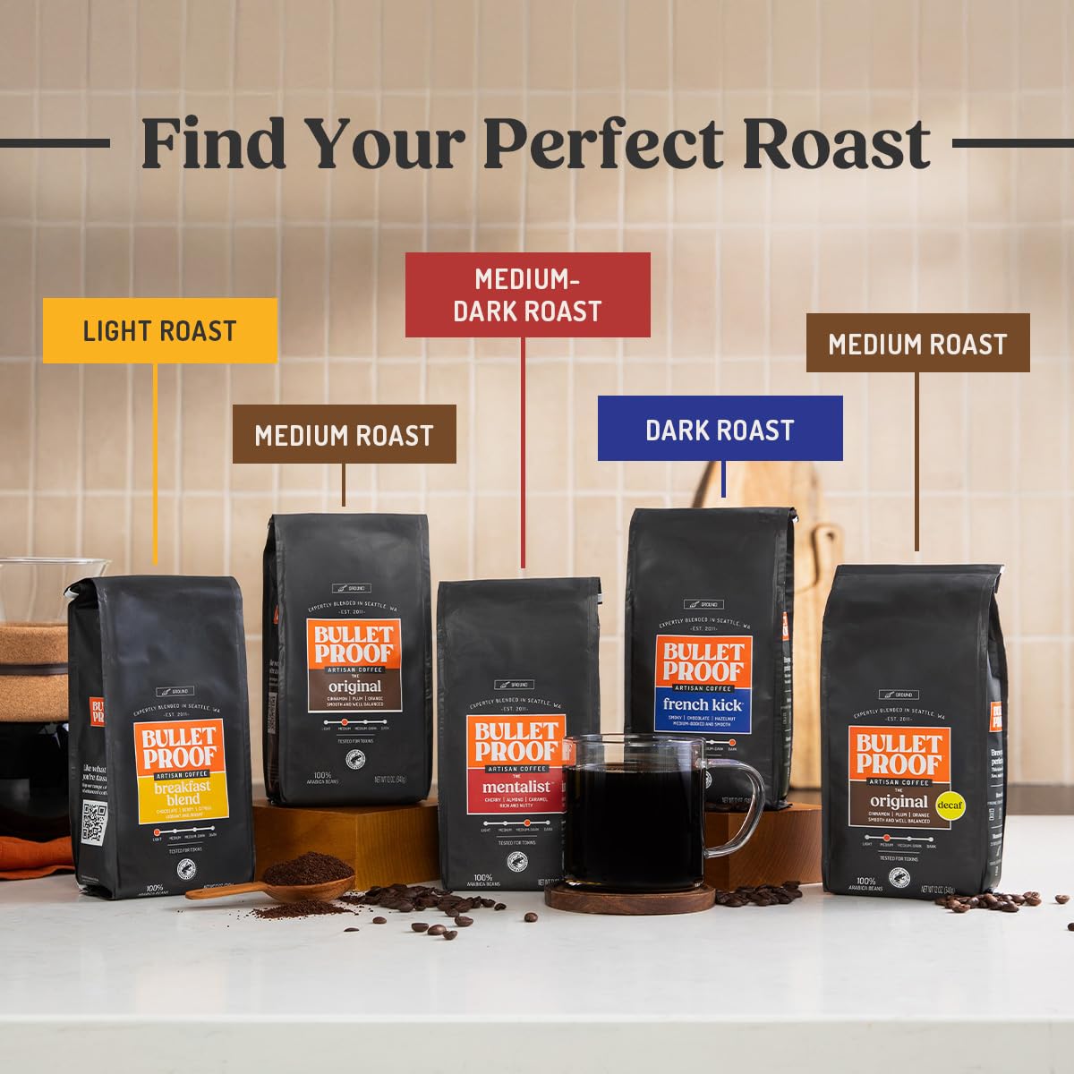 Bulletproof Original Medium Roast Ground Coffee 12 Ounces and Original Medium Roast Ground Decaf 12 Ounces Bundle, 100% Arabica Coffee, Clean Coffee Tested for Toxins, Sustainably Sourced