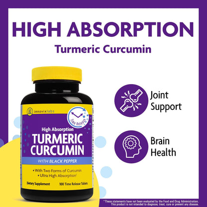 InnovixLabs Turmeric Curcumin with Black Pepper Extract - High Absorption Turmeric and Curcumin Supplements with BioPerine, C3 Reduct & Curcumin C3 Complex - 100 Time Release Tablets
