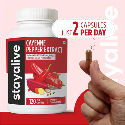 STAY ALIVE Cayenne Pepper Capsules, 6-in-1 Capsicum Blend w/Ginger, Garlic, Turmeric, Beet Root, and Black Pepper Extract, 120 Cayenne Capsules,