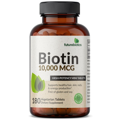 Futurebiotics Biotin 10,000 MCG High Potency Tablets Supports Healthy Hair, Skin & Nails & Energy Production, Non-GMO, 180 Vegetarian Tablets