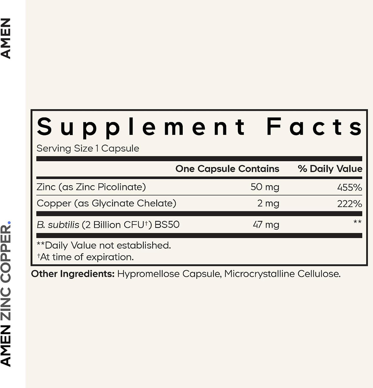 Amen Zinc & Copper Supplement + Probiotics, 3 Months Supply, One Per Day - 50 mg Zinc Picolinate Vitamin Pills - Essential Minerals Supplements – 2 Billion CFUs Probiotic – Vegan, Non-GMO, 90 Capsules