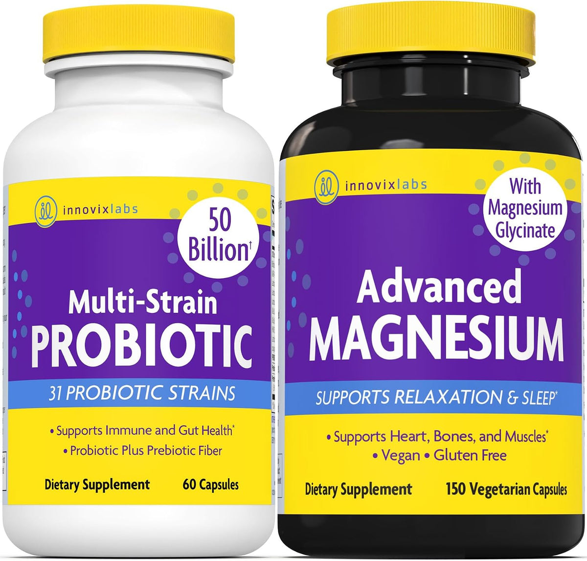 InnovixLabs Probiotic & Magnesium Bundle Multi-Strain Probiotic (60 Time-Release Capsules) Advanced Magnesium (150 Time-Release Capsules). Helps Support Immune and Gut Health. *
