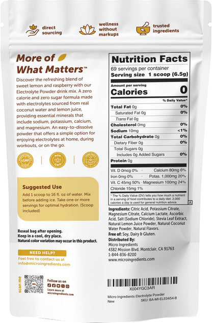 Micro Ingredients Electrolytes Powder, Sugar-Free Lemon Raspberry | 1,000 mg Potassium Per Serving. 139 Servings, 2 lb Bulk Supply, Hydration Drink Mix Powder. 0 Calorie, Keto Friendly. Non-GMO