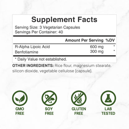 DEAL SUPPLEMENT R Alpha Lipoic Acid 600mg with Benfotiamine 300mg Per Serving, 120 Veggie Capsules – 200mg R-ALA Per Capsule – Antioxidant Supplement