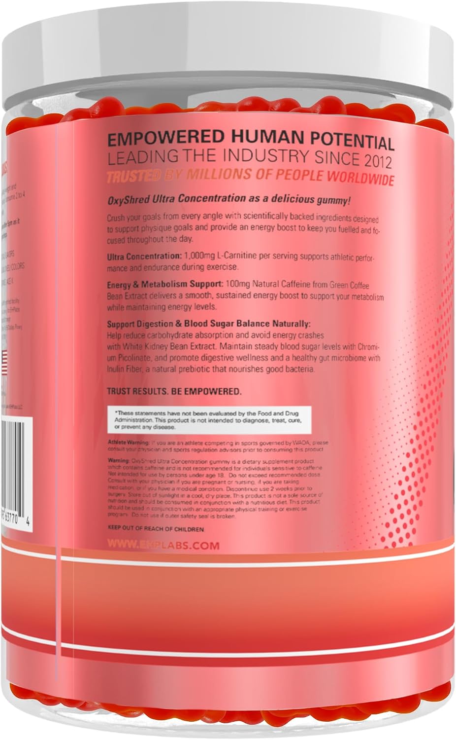 EHP Labs OxyShred Pre Workout Energy Gummies, Strawberry, 60 Servings | 100mg Natural Caffeine, 1000mg L-Carnitine, Vegan & Halal Friendly, No Artificial Colors, Zero Aspartame, HPLC Tested