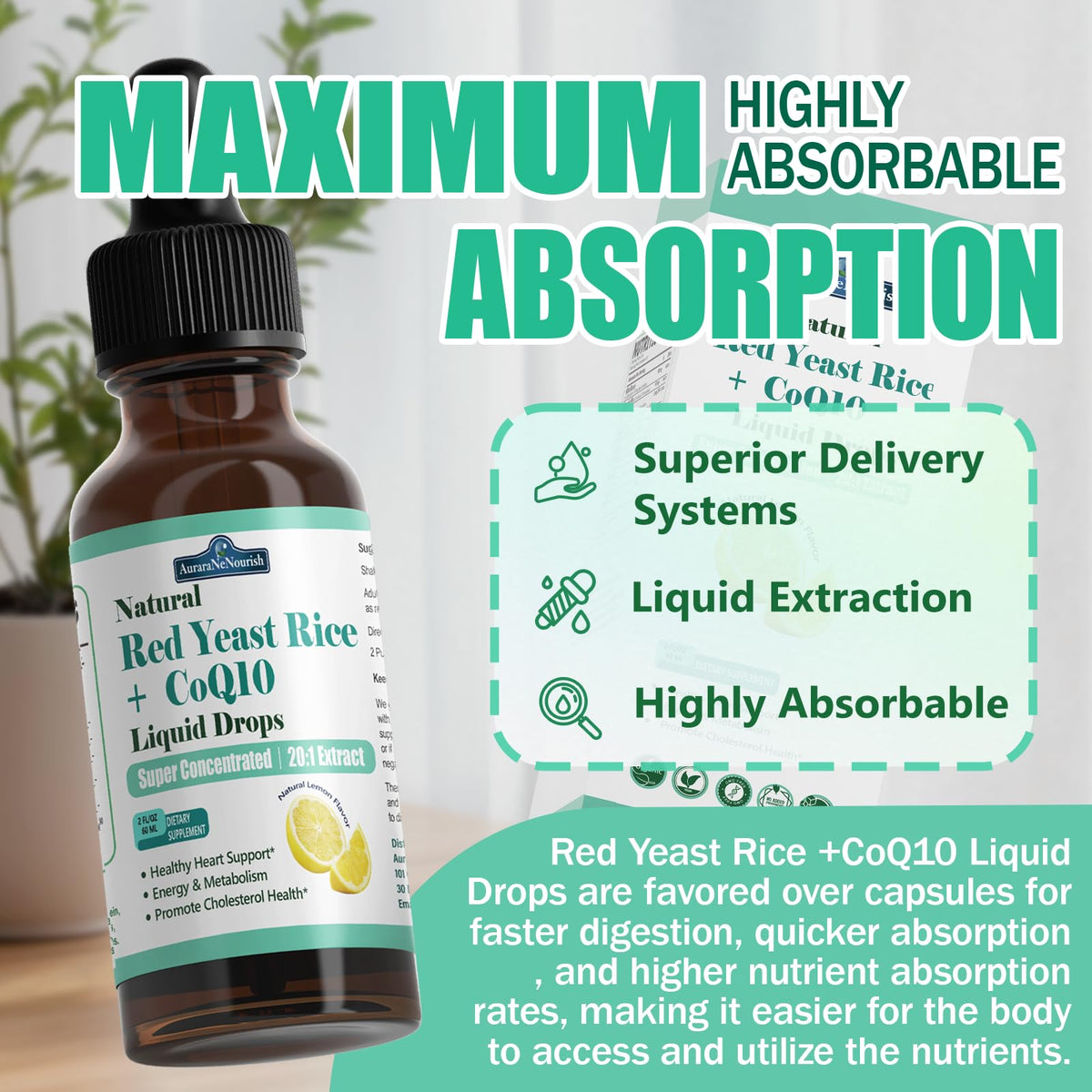 Liposomal Red Yeast Rice with Coq10 Liquid Drops, 5-in-1 Extra Strength 1200mg Cholesterol & Heart Support w. Citrus Bergamot Alpha Lipoic Acid | Cholesterol Lowering Supplement | GMO & Citrinin Free AuraraNeNourishBuy Supplements Australia
