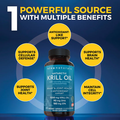 Viva Naturals Antarctic Krill Oil Omega 3 Supplements 1250 mg - DHA EPA Omega-3 & Astaxanthin Concentration for Joint Health,