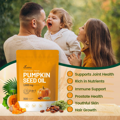 VivoNu Pumpkin Seed Oil with Saw Palmetto Capsules,3800mg 300 Softgels | Cold Pressed,Pure Virgin Oil,Essential Fatty Acids&Phytosterols | Supports Hair,Urinary,Bladder&Prostate Health|Non-GMO