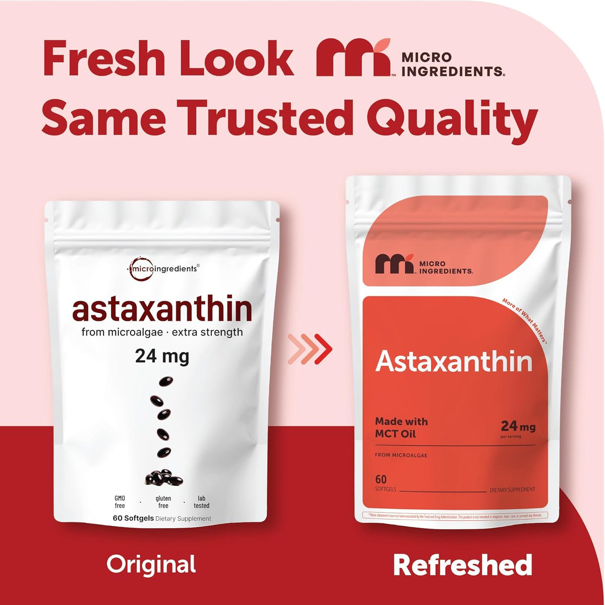 Micro Ingredients Astaxanthin 24mg Per Serving with MCT Oil, 60 Softgels | 2 Month Supply. Natural Microalgae Sourced Astaxanthin Supplement. Easy-to-Swallow. Non-GMO, Gluten Free, Soy Free.