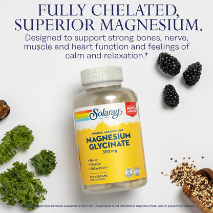 SOLARAY Magnesium Glycinate Capsules, Chelated Magnesium Bisglycinate w/BioPerine, Higher Absorption Magnesium Supplement - Bones, Muscles, Heart Support, Vegan (30 Servings, 120 VegCaps) SOLARAYBuy Supplements Australia