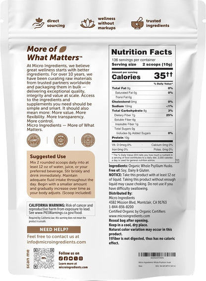 Micro Ingredients Organic Whole Psyllium Husks, 3lbs | Daily Soluble Fiber Supplement | Sourced from India | Ideal for Oatmeal, Coffee & Beverage | Unflavored, Non-GMO, Keto Friendly, Vegan