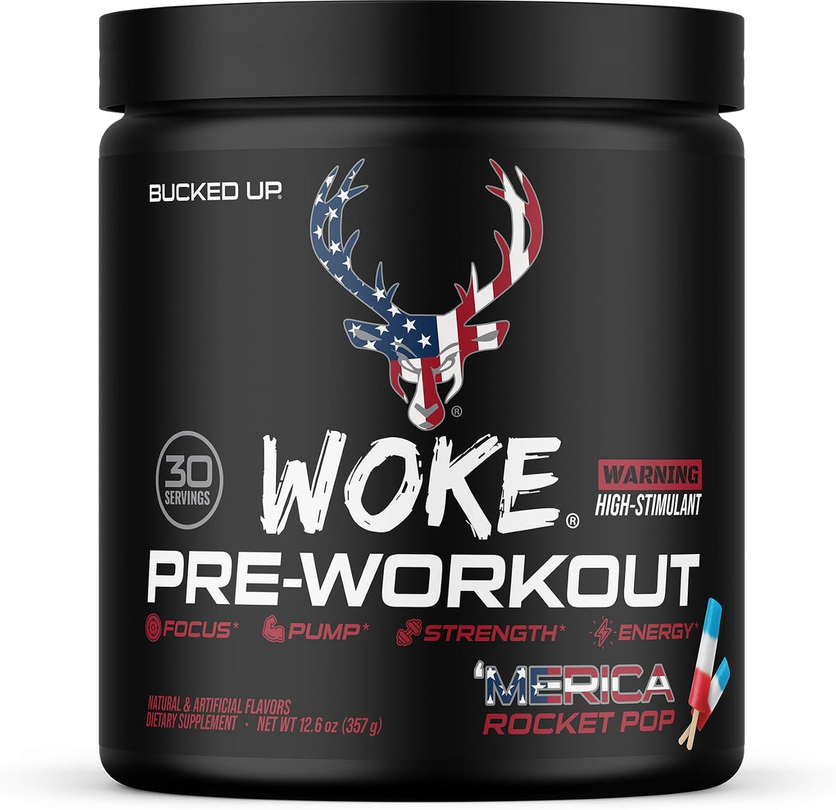 Bucked Up - Woke - HIGH STIM Pre Workout - Best Tasting - Focus Nootropic, Pump, Strength and Growth, 30 Servings (Rocket Pop)