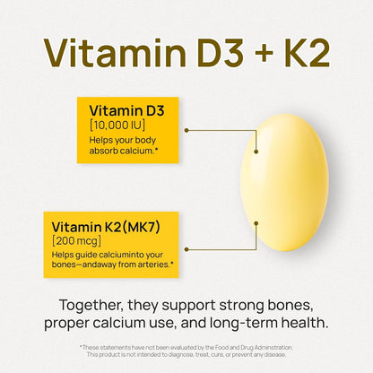 Selerb Vitamin D3 K2 with Virgin Coconut Oil -Vitamin D3 10000 IU + K2 MK-7 200 mcg Vitamin Supplement for Bone, Immune and Heart Support Easy to Swallow 120 Softgels