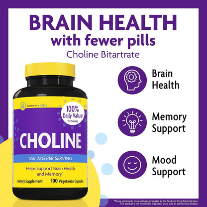 InnovixLabs Choline & Multi Probiotic Bundle Choline Bitartrate 550mg (100 Capsules) Multi Strain Probiotics (60 Capsules). Supports Memory, Mood, Brain Health & Boost Cognitive.*