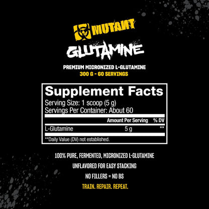 Mutant Glutamine - 100% Pure Workout Supplement to Help Replenish Glutamine Levels for Improved Muscle Repair, Immune and Digestive System Support After Physical Activity – 300 g – Unflavored