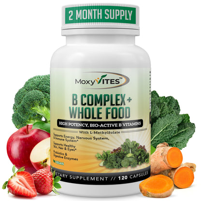 MoxyVites Vitamin B Complex - B Vitamins Whole Food Supplement, B12 Methylcobalamin, B1, B2, B3, B5, B6, B7, B9 - for Stress