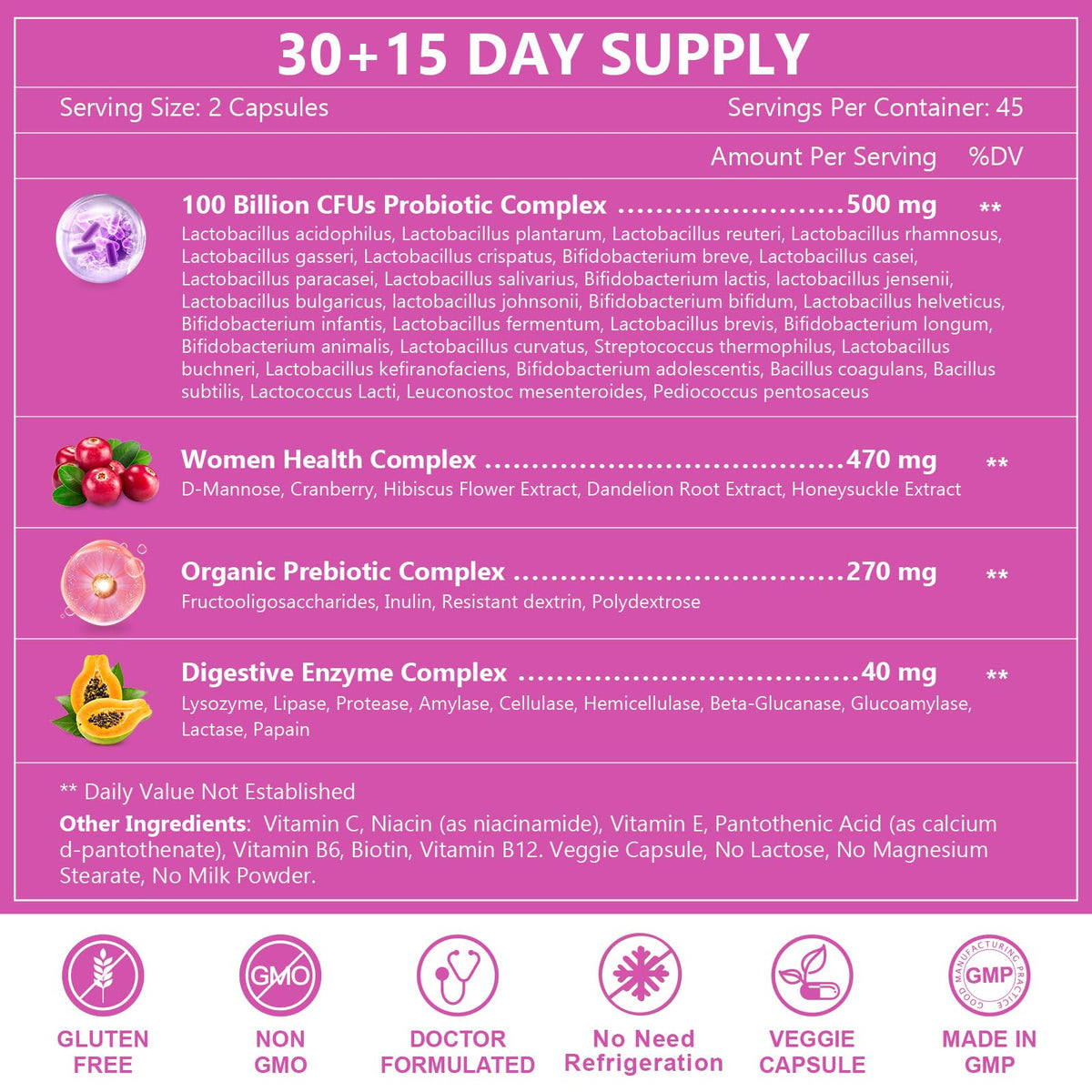 NATURE TARGET Probiotics for Women, 100 Billion CFUs Probiotic with Digestive Enzymes & Prebiotics, Vaginal Probiotics with Cranberry for Urinary Tract Health