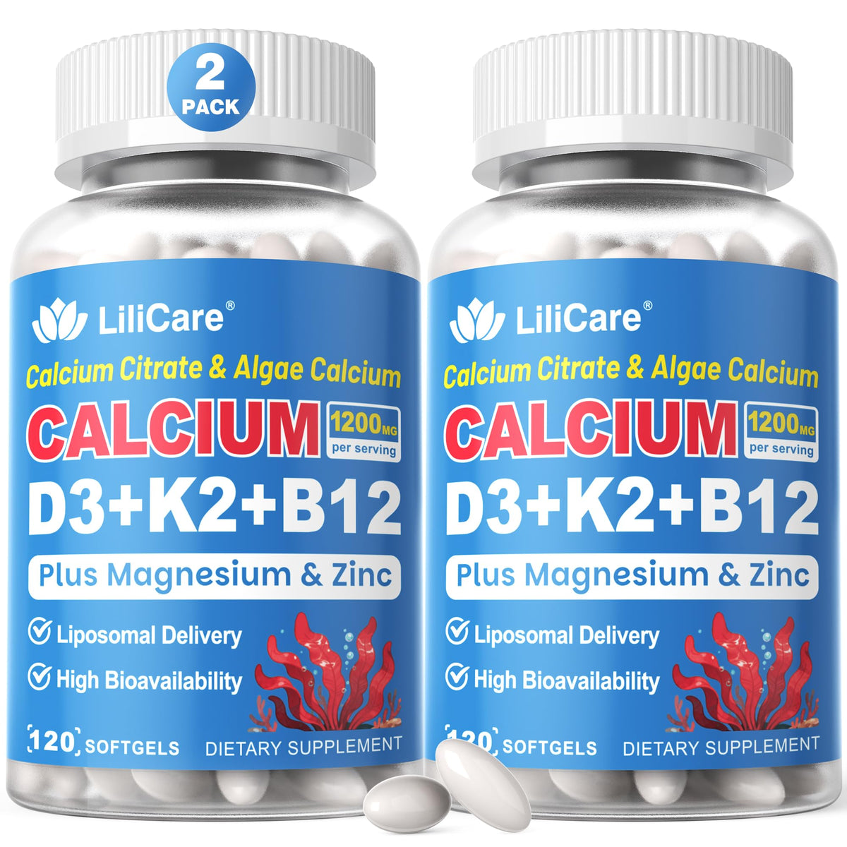 Calcium 1200 mg with Vitamin D3 K2 5000 IU Softgels Supplement for Women Men - Liposomal Calcium Citrate & Algae Calcium Magnesium Zinc + D3 K2 B12, Plant-Based Vegan Vitamin D, Boron for Bone,120ct