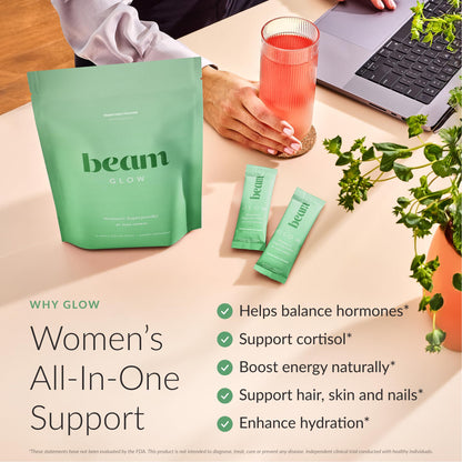 BEAM Glow Hormone Support & Cortisol Supplement for Women - Daily Vitamins for Women with Ashwagandha, Selenium, Zinc, Vitamin A, Biotin for Cycle Health, Mood & Energy, Strawberry Kiwi, 15 Servings