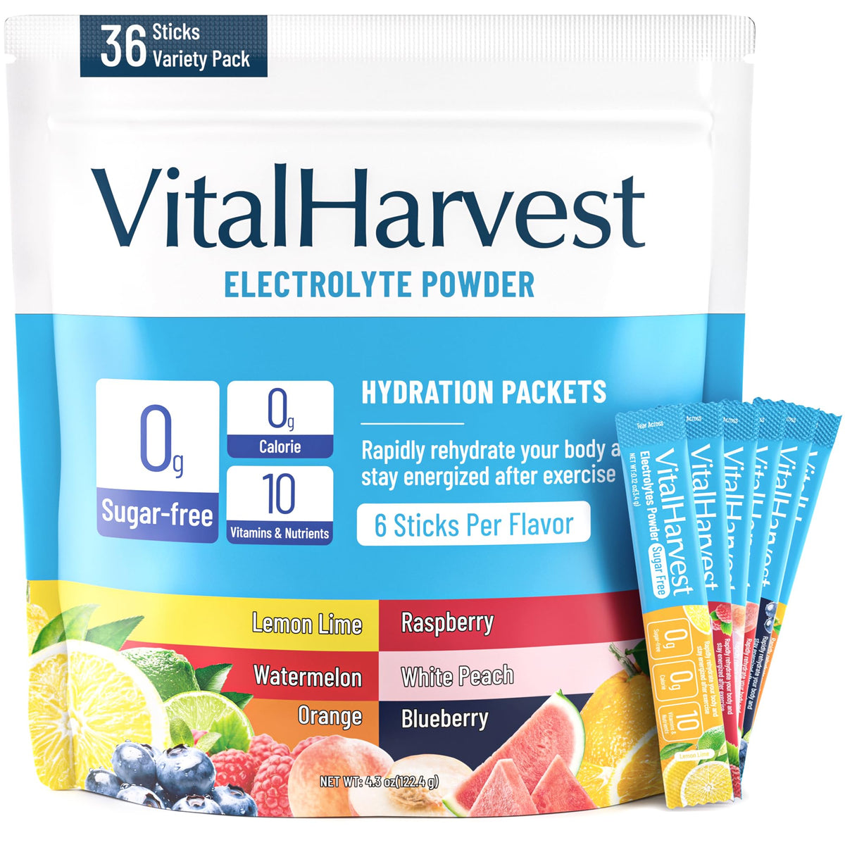 VitalHarvest 36 Sticks Electrolytes Powder Packets 6 Flavors Sugar Free Hydration Packets Electrolyte Liquid Daily IV Drink Mix with Lemon Lime, Watermelon, Orange