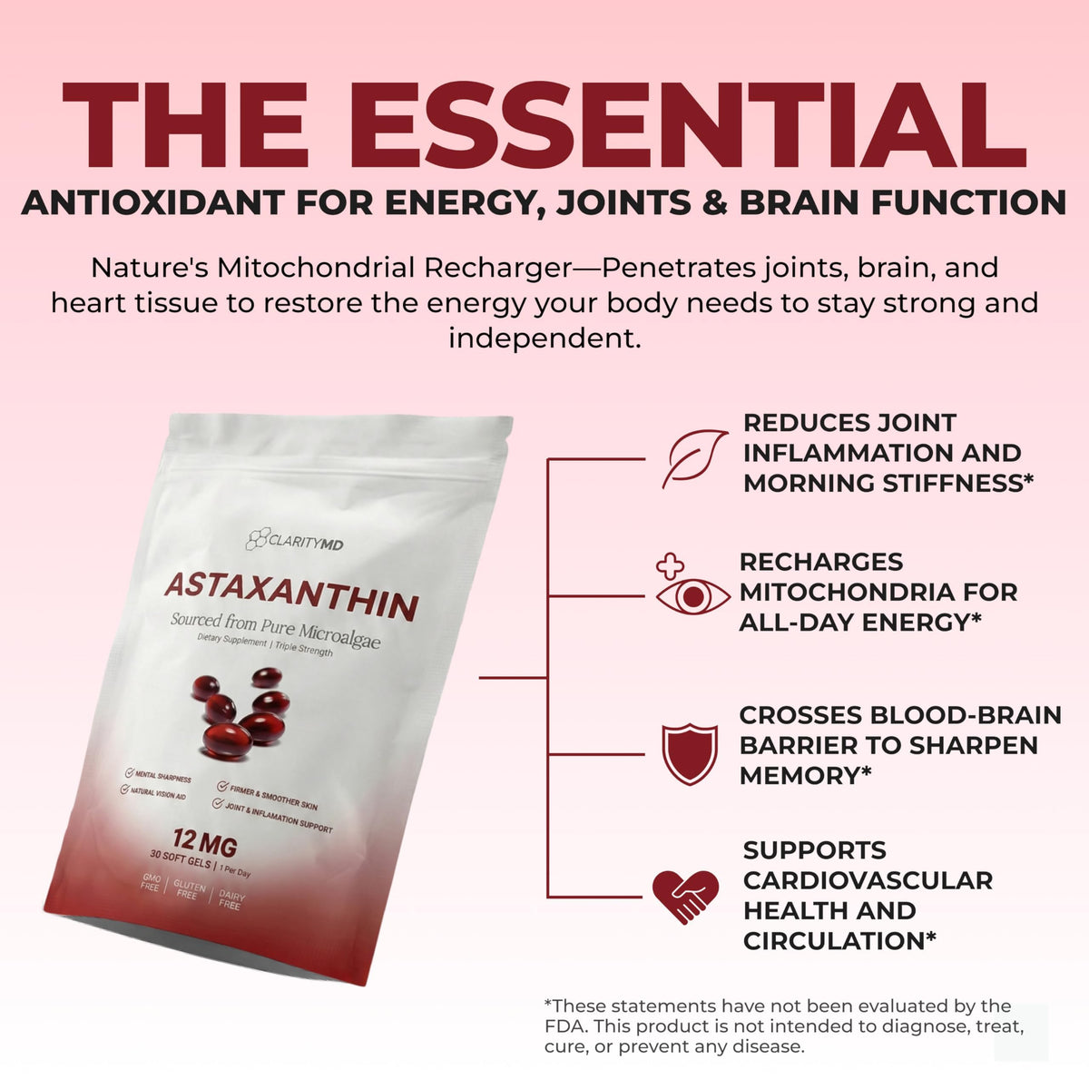 ClarityMD Astaxanthin 12mg Antioxidants Supplement – Natural Microalgae Source – Lipid-Based Softgel for Enhanced Absorption – Cognitive