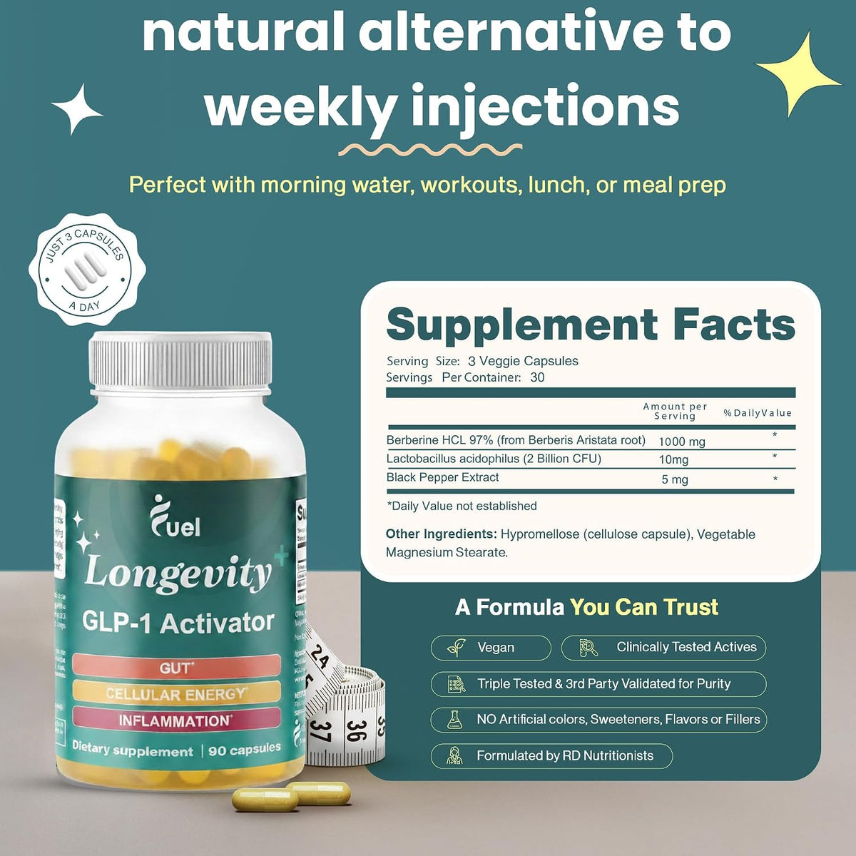 Fuel Natural Liposomal Berberine HCL Supplement – Supports Metabolism, Hunger, Hormone Balance, Energy for Women & Men - Healthy Aging and Longevity Support - Metabolic Berberine 1000mg Capsules