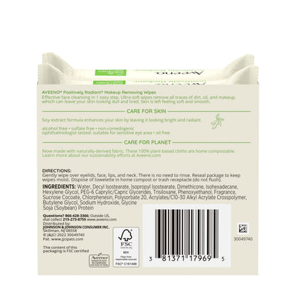 Aveeno Positively Radiant Makeup Remover Wipes, Oil Free, Alcohol Free, Non-Comedogenic Facial Cleansing Wipes, Gentle Face Wipes for Sensitive Skin