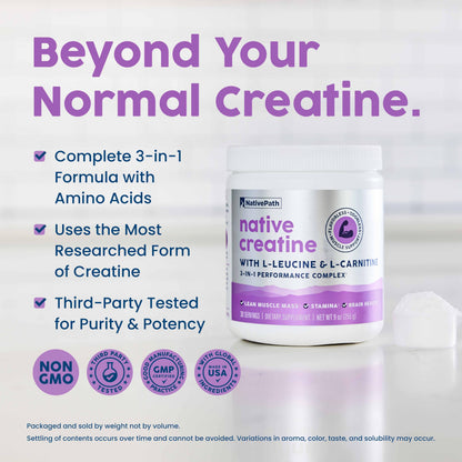 NativePath Creatine Monohydrate Powder with L-Leucine & L-Carnitine - Supports Muscle Health for Men & Women - 30 Servings