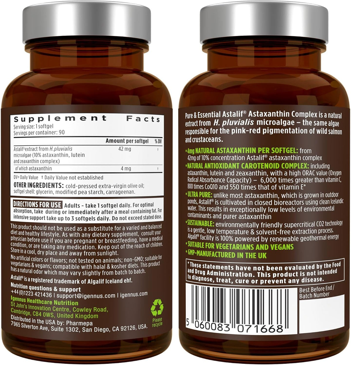 Igennus Vegan Astaxanthin 4mg Complex with Lutein and Zeaxanthin, 90 Small Softgels, from 42 mg Astalif, Natural Algae Antioxidant for Eyes, Skin & Joints, Non-GMO, H. Pluvialis