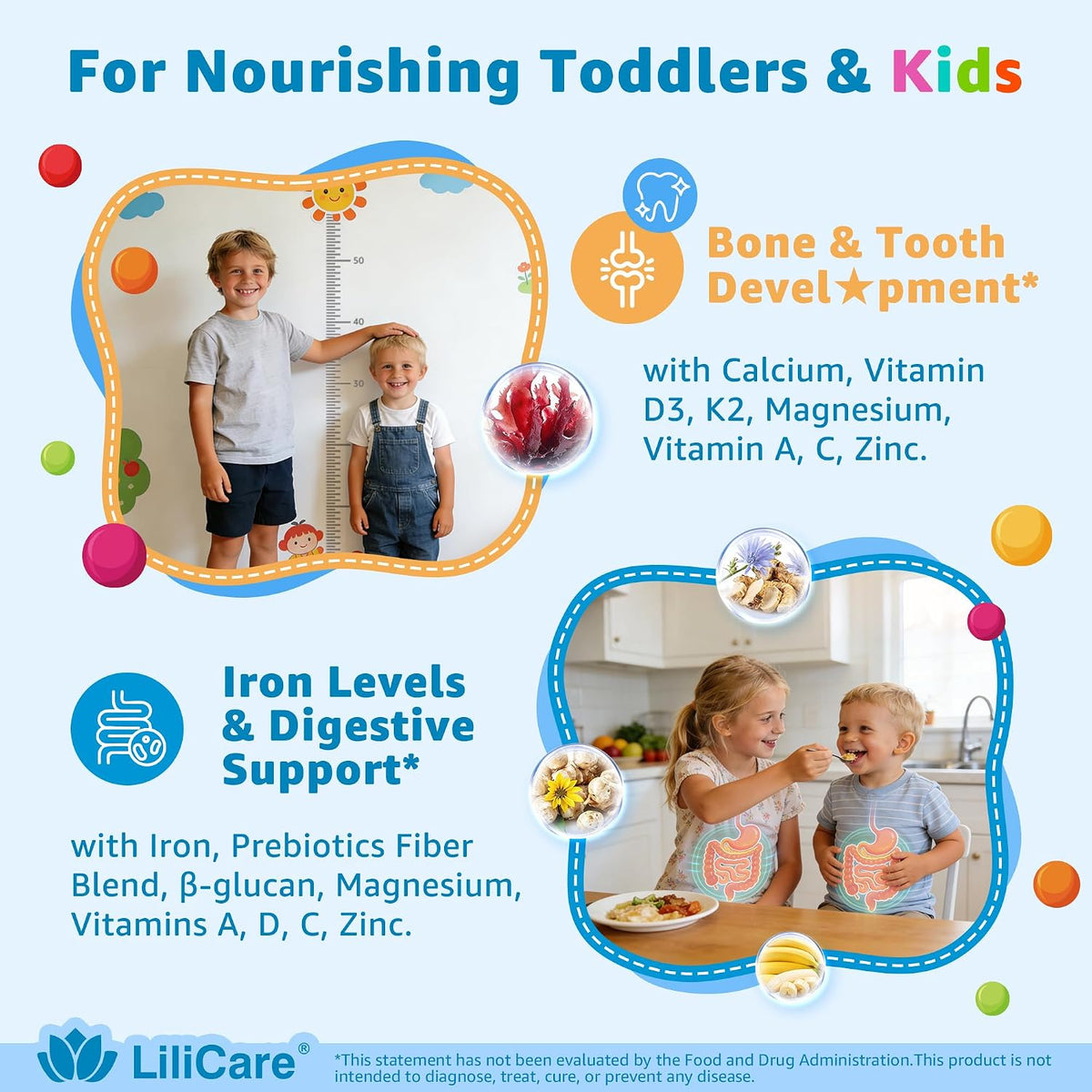Toddler 2-3 & Kids 4+ Multivitamin Gummies w/ Iron, Omega-3, ARA, Calcium, Prebiotic, Methylated Picky Eater Vitamins for Kids 2+ Growth & Development | Vitamin C, D3 K2, B12, Methylfolate, Sugar Free