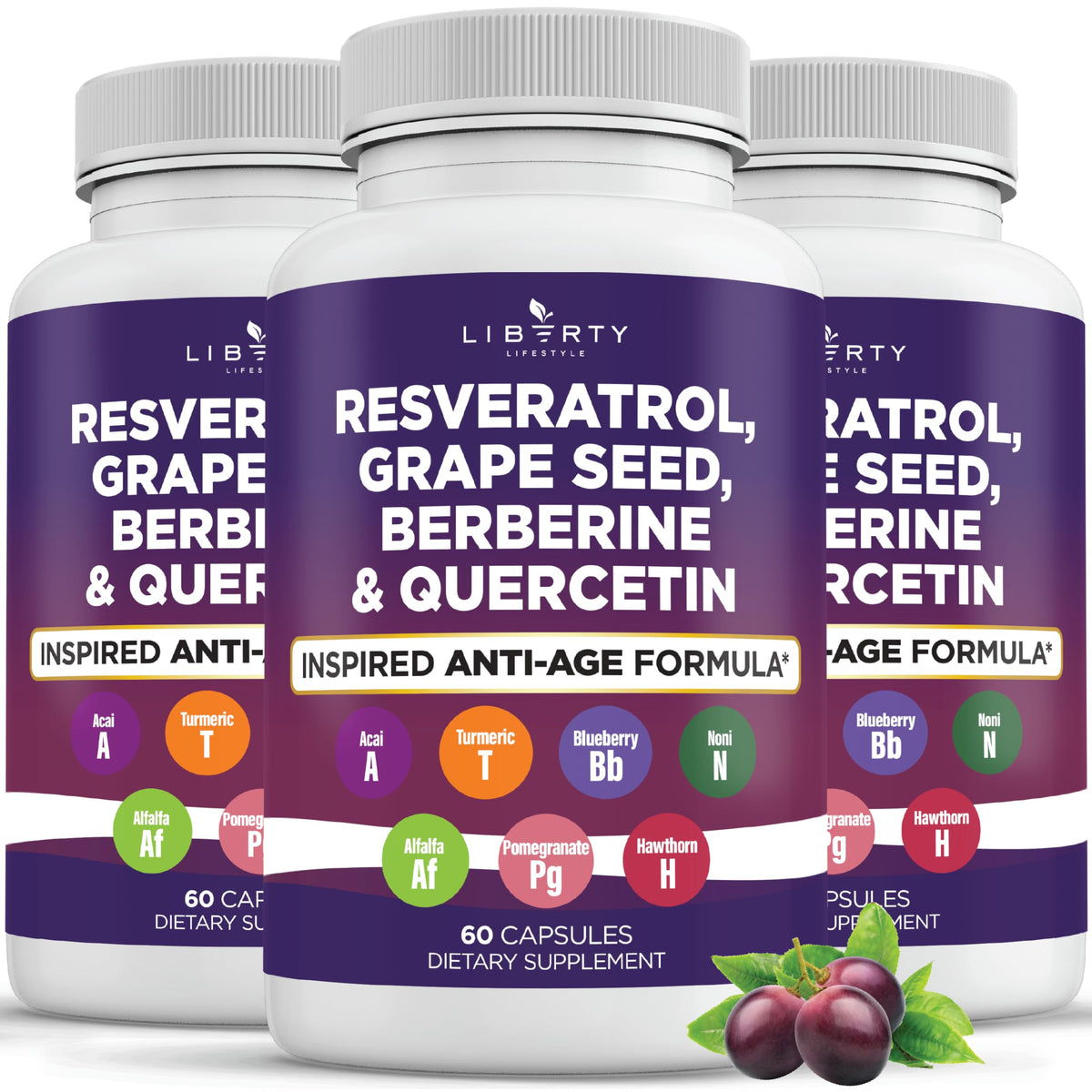 Liberty Lifestyle Resveratrol, Berberine, Grape Seed Extract, Quercetin, Polyphenol Supplement for Women and Men with Noni Extract, N-Acetyl Cysteine, Acai Extract - 2-Pack