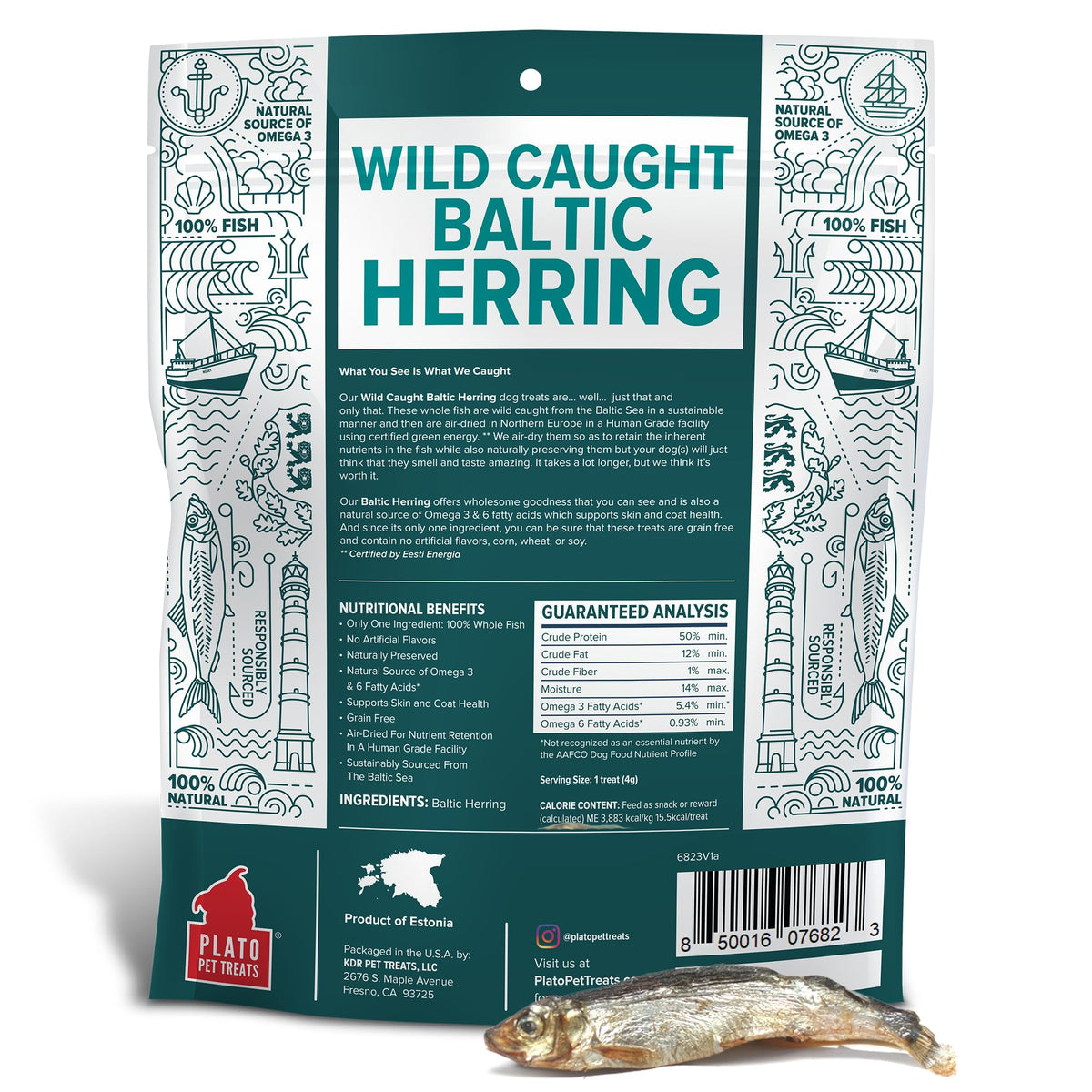 Plato Single Ingredient Wild-Caught Baltic Herring Dog Treats, Air-Dried Whole Fish, Omega-Rich Skin & Coat Support, 8.5 oz