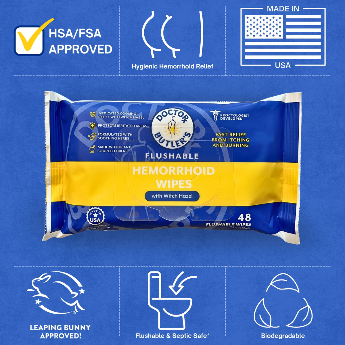Doctor Butler's Flushable Hemorrhoid Wipes – Flushable Wipes with Witch Hazel to Soothe and Bring Relief from Discomfort Associated with Hemorrhoids (48 Wipes) Doctor Butler'sBuy Supplements Australia
