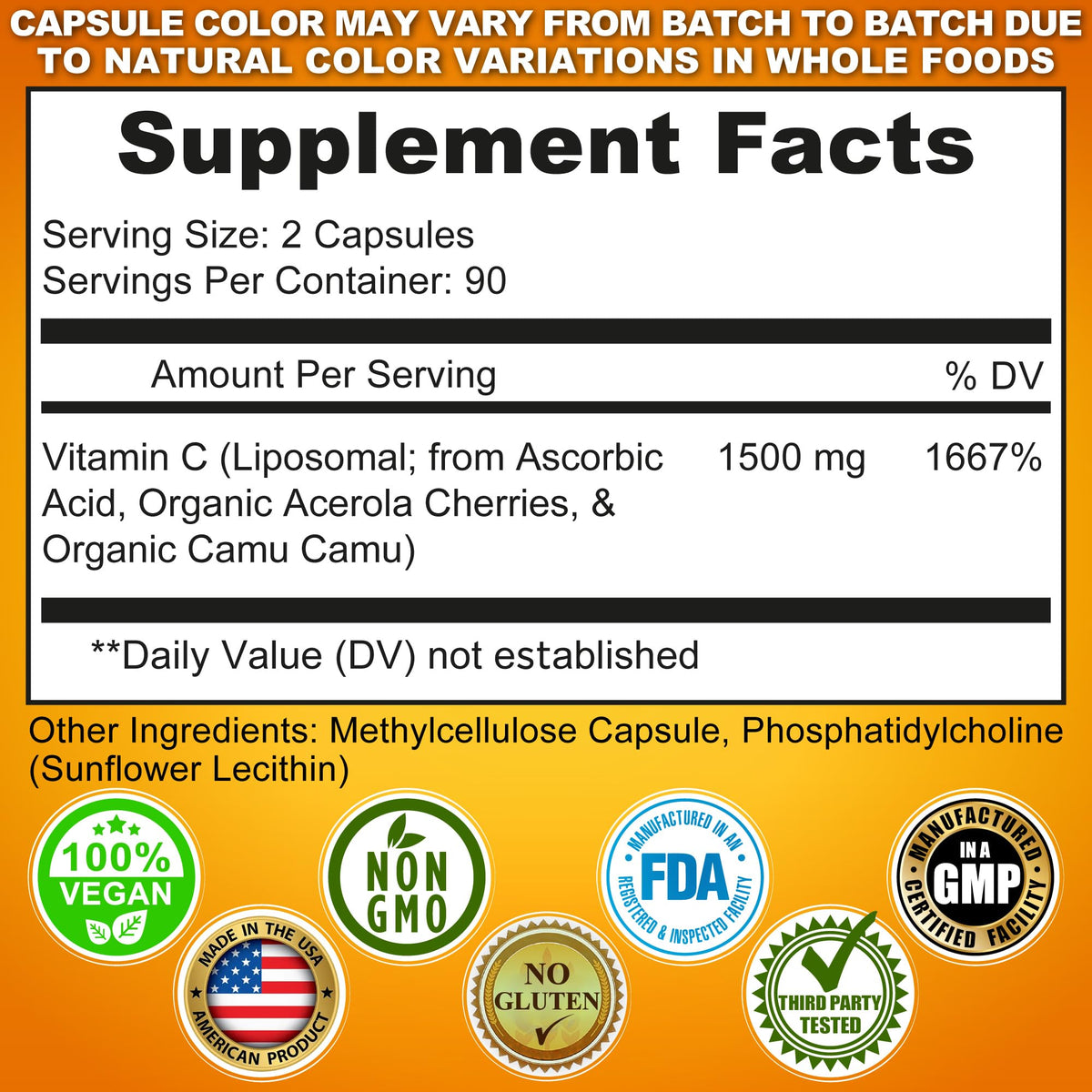 Liposomal Vitamin C Capsules - 1500mg - Made with Organic Acerola Cherries & Camu Camu, High Potency Vitamin C Liposomal - Immune Support Supplement