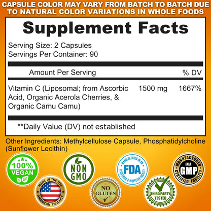 Liposomal Vitamin C Capsules - 1500mg - Made with Organic Acerola Cherries & Camu Camu, High Potency Vitamin C Liposomal - Immune Support Supplement