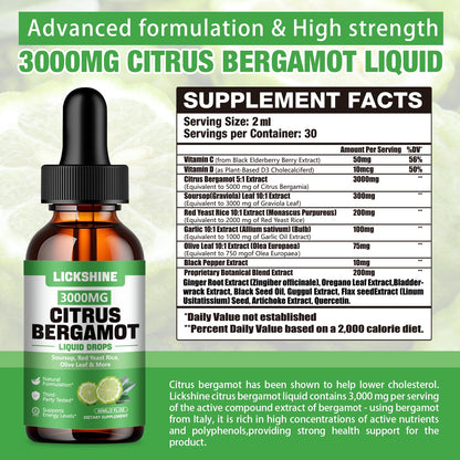 lickshine 2 Pack 3000mg Citrus Bergamot Liquid Drops - High Absorption - Cholesterol Lowering Supplement for Immune Support Anti-Aging,