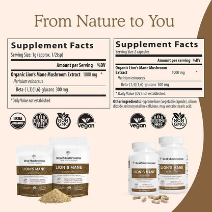 Real Mushrooms RealClarity (60ct) and Lions Mane (120ct) Capsules Bundle - Mushroom Supplement for Brain Health, Mental Clarity, Focus, Cognition & Immune Support - Brain Vitamins w/Ashwagandha